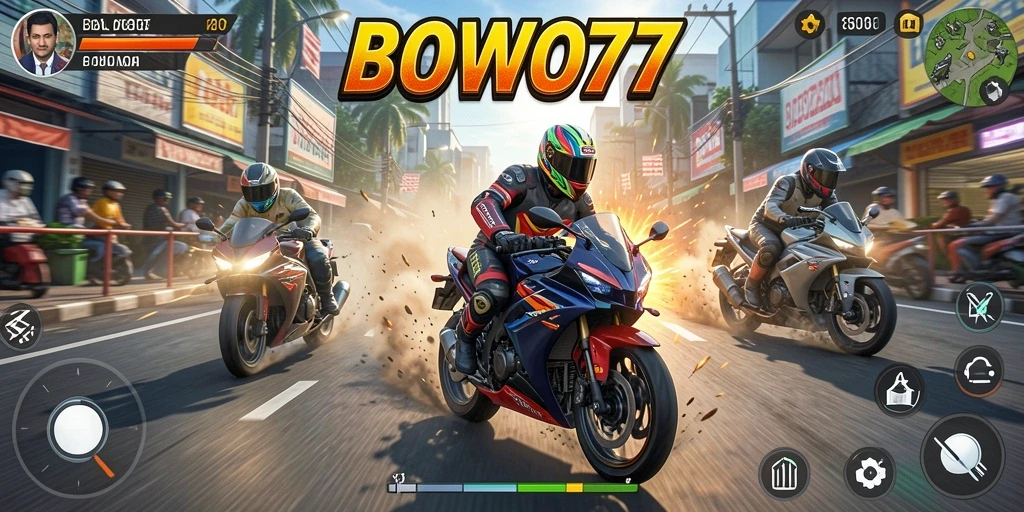 Screenshot BOWO77 menampilkan balapan motor yang intens di jalanan kota.