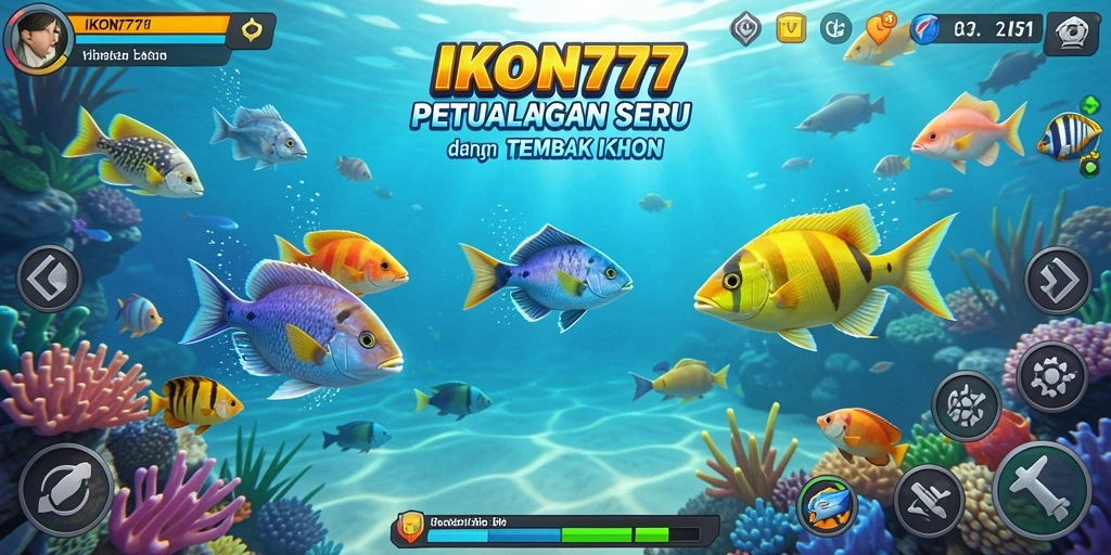 Tangkapan layar gameplay seru dari IKON777 dengan ikan berwarna-warni.