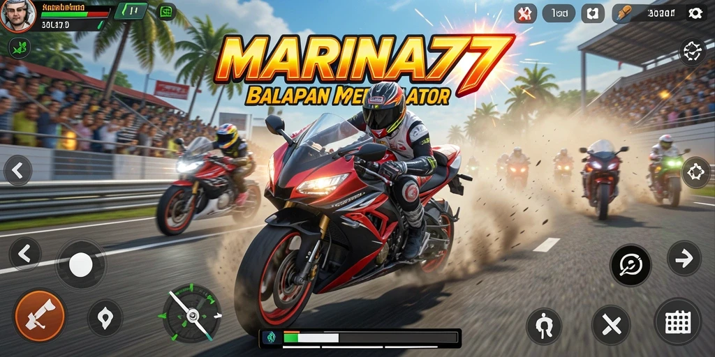 Tampilan gameplay seru di MARINA77 dengan aksi balapan motor yang mendebarkan.