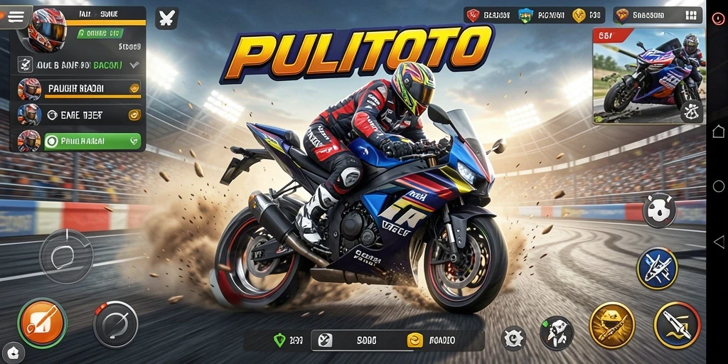 Screenshot gameplay PULITOTO menunjukkan balapan motor yang intens.