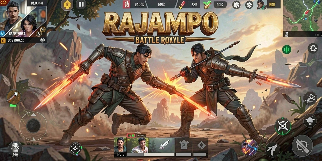 Tangkapan layar gameplay <strong>RAJAMPO</strong> dengan pertarungan intens Battle Royale.