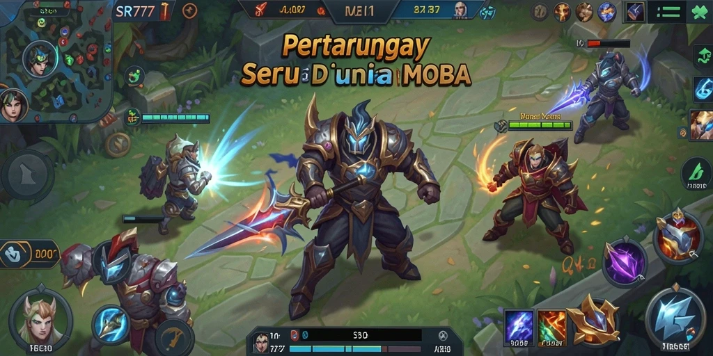 Tangkapan layar gameplay SR777 dengan pertempuran intens di arena MOBA.