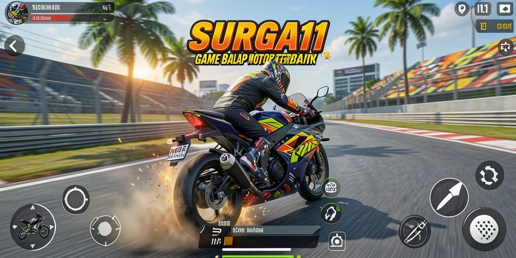 Tangkapan layar permainan SURGA11 menampilkan balapan motor yang penuh aksi dan kecepatan tinggi.